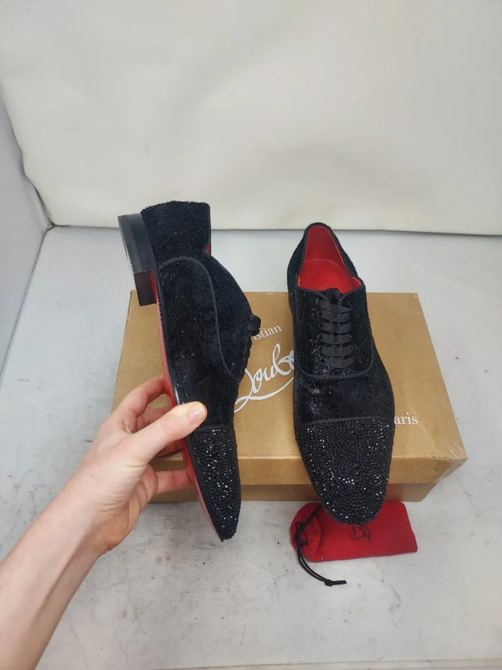 Christian Louboutin Black Greggy Chick Bejeweled Strass Lace Up Velvet Loafer Sh
